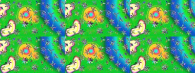 Raster deseni. Bahar çiçekleri dallı desen, yeşil ve mavi renkler çiçekli siluet.