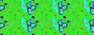 Çiçekli karalama şeklinde Raster çiçek deseni. Yeşil ve mavi renkte çiçekler. Yumuşak, yaz çiçekli arka plan.