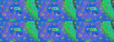 Yumuşak, bahar çiçekleri mavi ve yeşil renklerde. Raster illüstrasyonu. Patlayan çiçekler soyut olarak yerleştirilmiş. Raster deseni.