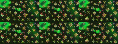 Raster illüstrasyonu. Raster illüstrasyonu. Asya tekstil tarzında. Çiçek desenli çizim. Gri ve yeşil renkte çiçekler.