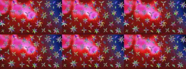 Kırmızı ve kahverengi renkte çiçekler. Kumaş desenli papatya çiçekleri ayrıntıları.