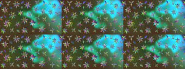 Raster illüstrasyonundaki çiçek desenli çizim. Yeşil ve mavi renkte çiçekler.