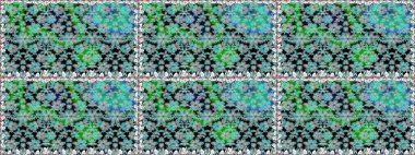 Renkli desenli, mavi çiçekli ve dekoratif elementli kusursuz desen. Kusursuz bir geçmişi var. Raster illüstrasyonu. Kumaş, tekstil, duvar kağıdı baskısı için. Antika retro tarzı.