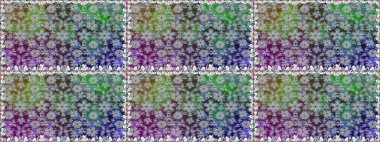 Kumaş, tekstil, duvar kağıdı baskısı için. Eski usul. Renkli desenli, gri çiçekli ve dekoratif elementli kusursuz desen. Kusursuz bir geçmişi var. Raster illüstrasyonu.