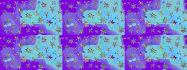 Raster Güzel kumaş deseni. Raster suluboya çiçek deseni, narin çiçekler, menekşe ve mavi çiçekler, tebrik kartı şablonu.