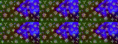 Motley illüstrasyonu. Küçük renkli çiçekler. Küçük çiçekte güzel bir desen. Moda baskıları için zarif bir şablon. Yeşil ve mavi çiçekli bahar çiçekleri.