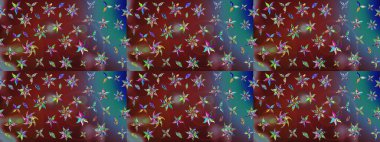 Çiçekli karalama şeklinde Raster çiçek deseni. Nazik, narin çiçek arkaplanı. Kahverengi ve mavi renkte çiçekler.