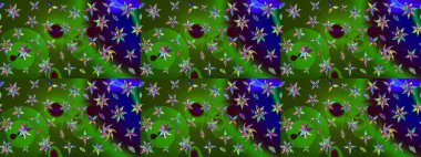 Raster illüstrasyonundaki çiçek desenli çizim. Yeşil ve mavi renkte çiçekler. Renkli Bahar Teması eskiz kalıbı. Düz Çiçek Elementleri Tasarımı.