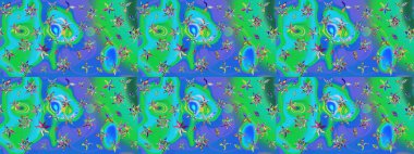 Yaz çiçekleri teması. Suluboya resim taklit Raster çizimi. Mavi ve yeşil renkler. El çizimi, soyut ve süslü elementler. Klasik çiçekler..