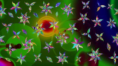 Asya tekstil tarzında. Raster illüstrasyonu. Çiçek desenli çizim. Yeşil ve siyah renkli çiçekler. Raster illüstrasyonu.