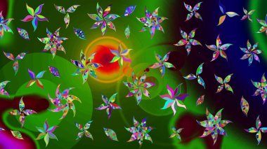 Yeşil ve siyah renkli şirin çiçekler. Raster illüstrasyonu. Moda baskısı, albüm, ambalaj kağıdı ve duvar kağıdı için zarif dekoratif süslemeler. Küçük çiçekli basit bir çiçek çizimi..