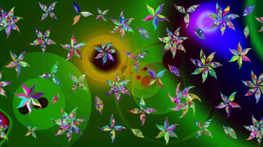 Modern çiçek arkaplanı. Parlak renkli çiçekleri ve yeşil ve mavi renkli yaprakları olan harika bir çiçek deseni. Moda baskıları için zarif bir şablon. Halk stili.