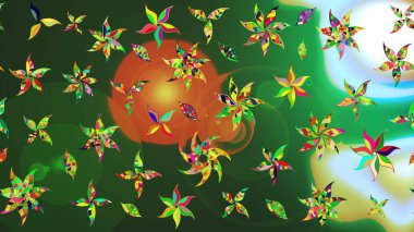 Patlayan çiçekler soyut olarak yerleştirilmiş. Yumuşak, yeşil ve nötr renklerde bahar çiçekleri. Raster illüstrasyonu. Raster deseni.