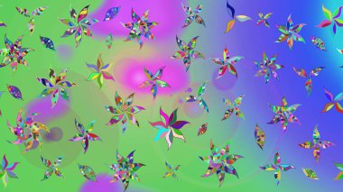 Raster illüstrasyonu. Yumuşak, yeşil ve mor renkte bahar çiçekleri. Çiçek ve yapraklı karalama şeklinde Raster çiçek deseni.