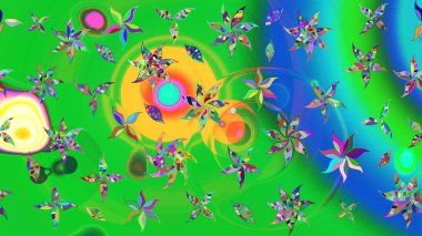 Raster illüstrasyonundaki çiçek desenli çizim. Yeşil ve mavi renkte çiçekler.