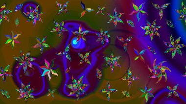 Çiçekli karalama şeklinde Raster çiçek deseni. Yumuşak, bahar çiçekli arka plan. Kahverengi ve mavi renkte çiçekler.