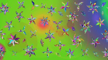 Modern çiçek arkaplanı. Parlak renkli çiçekleri ve yeşil ve menekşe rengi yaprakları olan harika bir çiçek deseni. Moda baskıları için zarif bir şablon. Halk stili.