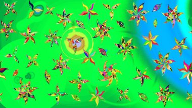 Raster illüstrasyonu. Yeşil ve mavi renklerde. 3D çiçekler, çizim.