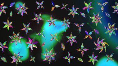 Modern çiçek arkaplanı. Moda baskıları için zarif bir şablon. Parlak renkli çiçekleri ve gri ve mavi renkli yaprakları olan harika bir çiçek deseni. Halk stili.