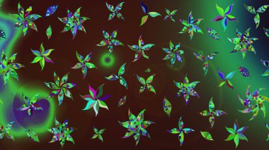 Raster illustration. Vintage flower design elements. Brown and green curly flowers shapes on brown and green colors.