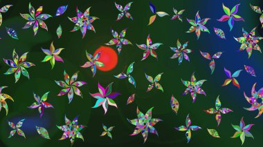 Parmak izi, kumaş, duvar kâğıdı, tekstil için raster dokusu. Nakış desenli çiçek deseni. Renkli grunge soyut arkaplanı coloblue ve yeşil çiçeklerle zenginleştirir.