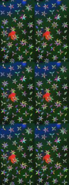 Mavi ve yeşil renklerde. Çiçek buketleriyle klasik bir eskiz şekli. Raster illüstrasyonu.