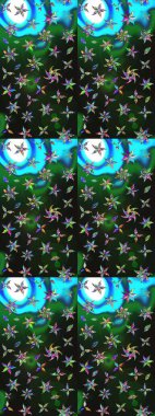 Çiçekli karalama şeklinde Raster çiçek deseni. Raster illüstrasyonu. Gri ve mavi renkte yaz çiçekleri.