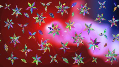 Raster Floral Illustration, Asyalı tekstil. Kırmızı ve pembe renkte etnik çiçeklerle süslenmiş zarif bir eskiz..