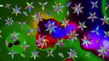 Renkli Yaz Temalı eskiz kalıbı. Düz Çiçek Elementleri Tasarımı. Yeşil ve mavi renkte çiçekler. Raster illüstrasyonunda çiçek deseni çizimi.