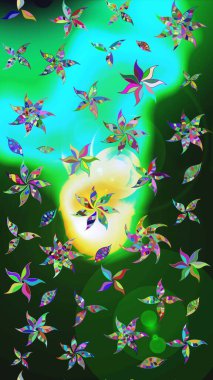 Yeşil ve mavi renkte çiçekler. Gömlek baskısı için çiçek boyası. Çiçek eskiz kalıbı geçmişi.