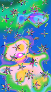 Arkaplan dokusu, duvar kağıdı, mavi ve yeşil renkli çiçek teması. Kabile sanatı boho baskısı, klasik çiçek arkaplanı. Soyut etnik raster çizim kalıbı.