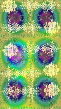 Yeşil, mavi ve sarı renklerde ayrık suluboya kar taneleri. Kışın sembolü. Raster illüstrasyon kar taneleri. Güzel dekorasyon.