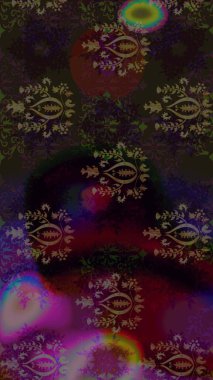 Raster Floral Illustration, Asyalı tekstil. Kahverengi renkli etnik çiçeklerle zarif bir eskiz deseni..