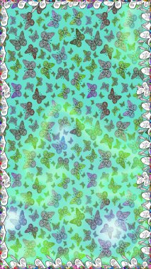 Raster. Mavi ve yeşil arka planda renksiz bir kelebek deseni. Mavi ve yeşil renkli resim. Karala, karala, karala.