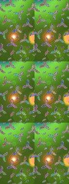 Kar taneleri radyal yeşil, kahverengi ve mavi renkler. Renkli arka planda güzel kar taneleri. Raster illüstrasyonu..