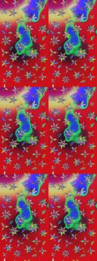 Raster illüstrasyonu. Kırmızı ve yeşil renklerde. Kırmızı ve yeşil renkte kırmızı ve yeşil papatyalar..