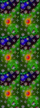 Çiçekli karalama şeklinde Raster çiçek deseni. Yeşil ve mavi renkte çiçekler. Nazik, sevimli çiçek arkaplanı..