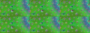 3D çiçekler, eskiz. Raster illüstrasyonu. Yeşil ve mavi renklerde.