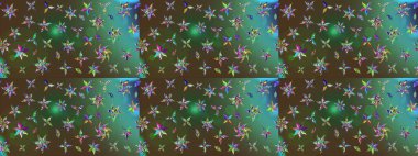 Raster illüstrasyonu. Şirin çiçekli eskiz deseni ve yeşil ve kahverengi renkli yapraklar, suluboya çiçek deseni, duvar kağıdı, kart veya kumaş için fayanslı.