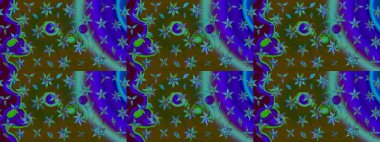 Mavi ve kahverengi renkte çiçekler. Sevimli çiçek raster deseni. Renkli Bahar Teması eskiz kalıbı. Düz Çiçek Elementleri Tasarımı.