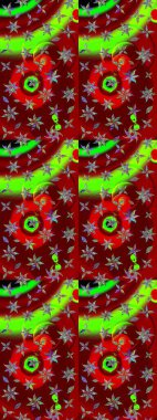 Raster Floral Illustration, Asyalı tekstil. Kırmızı ve yeşil renkli etnik çiçeklerle zarif bir eskiz deseni..