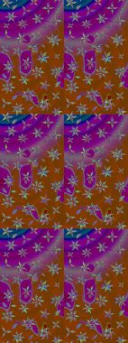 Raster illüstrasyonu. Suluboya çiçekli çiçek deseni. Kahverengi ve mor renkli Asya tekstili.