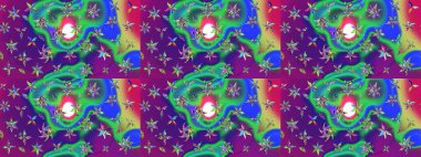 Raster illüstrasyonu. Şirin çiçekli eskiz deseni ve yeşil ve mor renkli yapraklar, suluboya çiçek deseni, duvar kağıdı, kart veya kumaş için fayanslı.