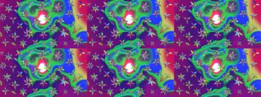 Raster illüstrasyonu. Şirin çiçekli eskiz deseni ve yeşil ve mor renkli yapraklar, suluboya çiçek deseni, duvar kağıdı, kart veya kumaş için fayanslı.