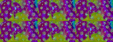 Çiçek desenli çizim. Raster illüstrasyonu. Mor ve yeşil renklerde Asya tekstili.