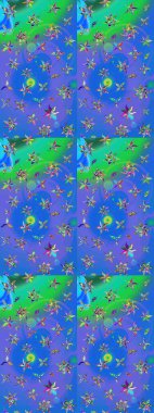 Vadinin çiçekleri mavi ve yeşil renklerde. Suluboya, elle çizilmiş. Raster - stok. Taslak arkaplan deseni.