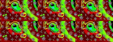 Çiçek deseni. Raster illüstrasyonu. Şatafatlı bahar bahçesi dokusu. Kırmızı ve yeşil renkte çiçek çizimi. Kırmızı ve yeşil renkte çiçekler.