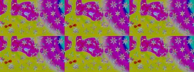 Küçük çiçekteki sevimli çiçek deseni. Raster deseni. Yeşil ve mor renklerde. Raster illüstrasyonu. Soyut çiçek çizim kalıbı arkaplanı.