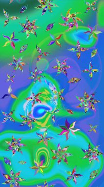 Çiçek desenli eskiz. Mavi ve yeşil renkli çiçekler. Tişört baskısı için çiçek boyama rasteriName.