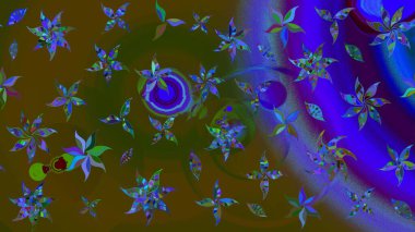 Kahverengi ve mavi renklerde etnik çiçeklerle süslenmiş zarif bir eskiz şekli. Asya Tekstil 'inde Raster Çiçek İllüstrasyonu.